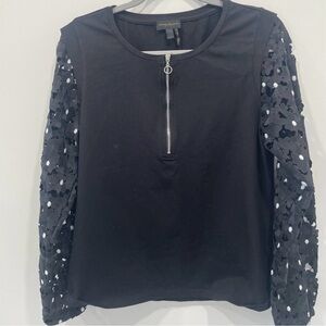 Donna Karan Top Size Large Black White Color Lace-Sleeve Half Zip Lace Feminine